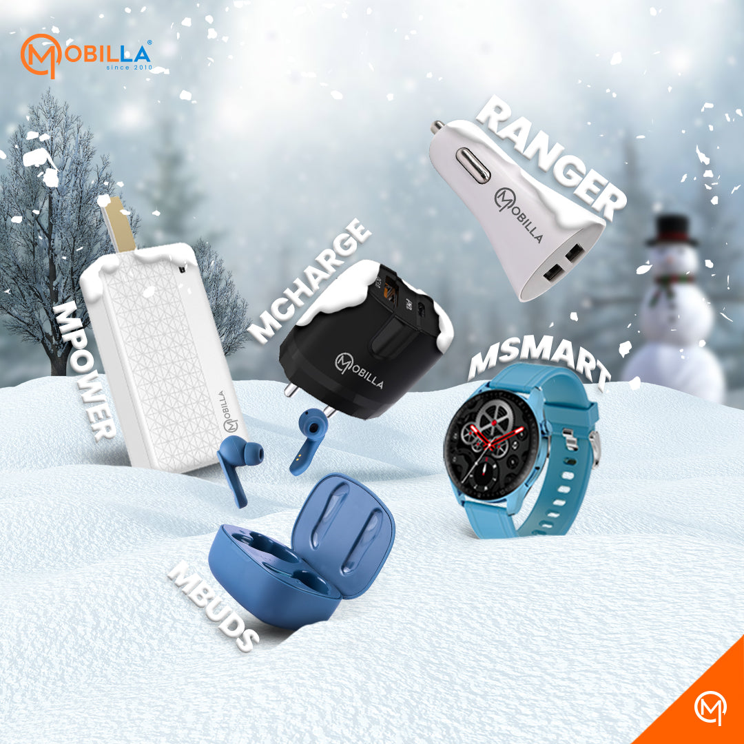 Image of Mobilla products, which include MPower, MCharge, MBuds, MSmart and Ranger, placed in the snow.