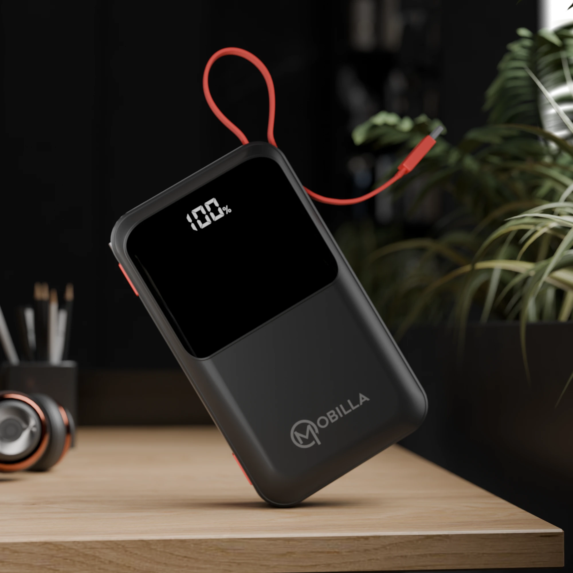 MPower 725 20000mAh power bank with 22.5W fast charging, a built-in Type-C cable, anti-slip texture, and digital battery display.