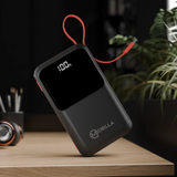 MPower 725 20000mAh power bank with 22.5W fast charging, a built-in Type-C cable, anti-slip texture, and digital battery display.