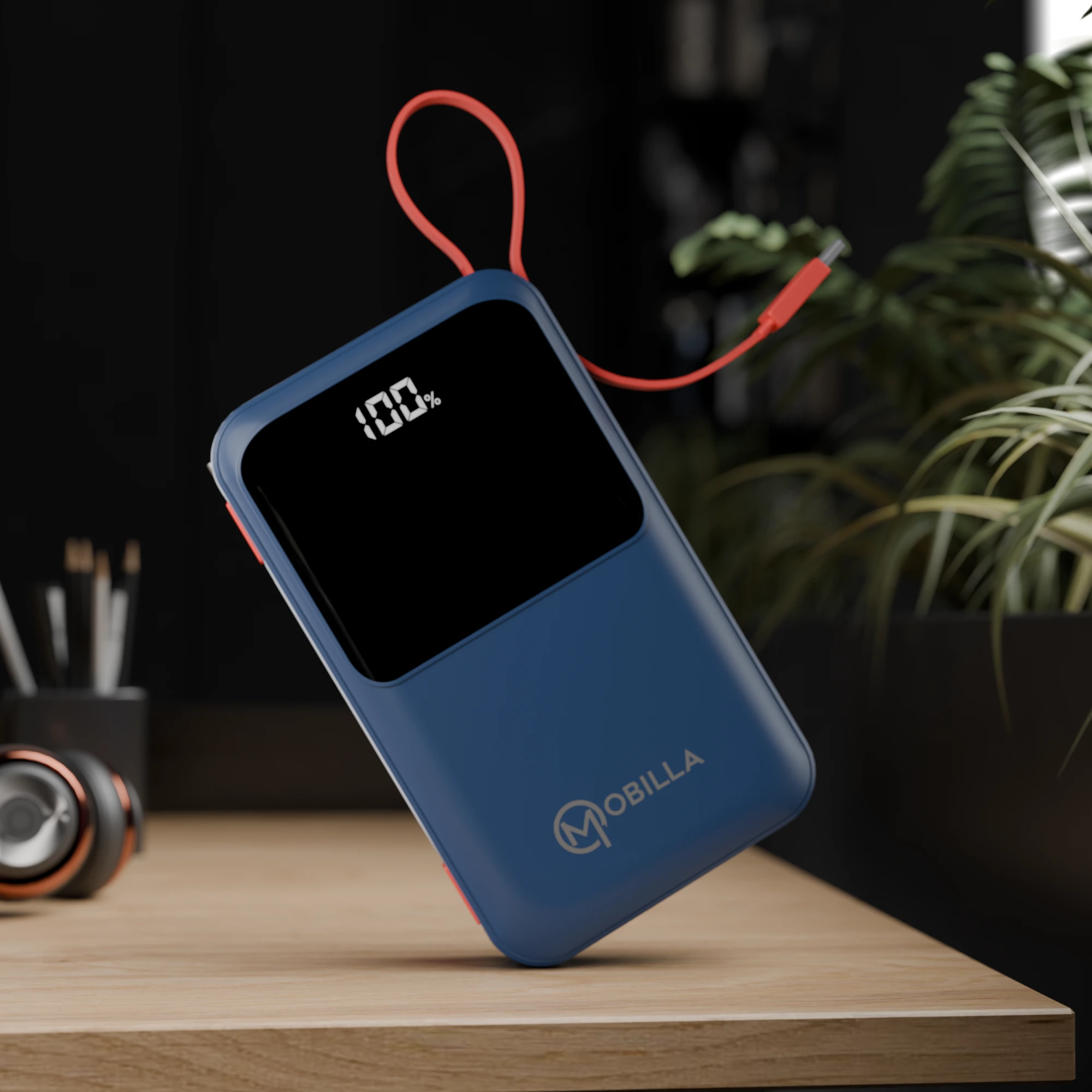 MPower 725 20000mAh power bank with 22.5W fast charging, a built-in Type-C cable, anti-slip texture, and digital battery display.