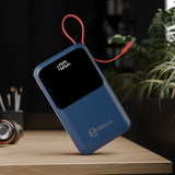 MPower 725 20000mAh power bank with 22.5W fast charging, a built-in Type-C cable, anti-slip texture, and digital battery display.