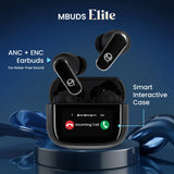 MBuds Elite wireless earbuds with 32dB Active Noise Cancellation, 4-mic ENC, spatial audio control, 4 EQ modes, and smart interactive touch case.