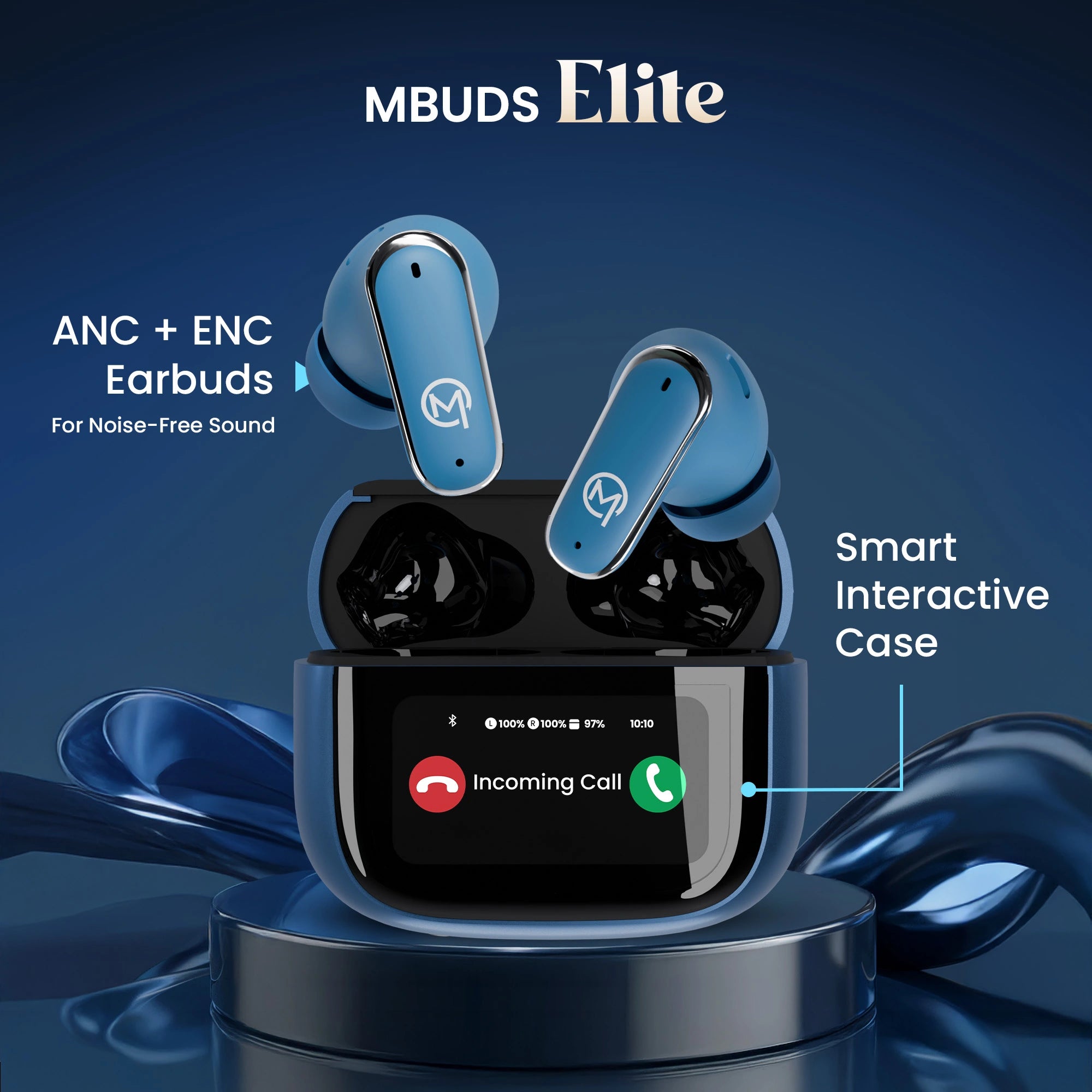 MBuds Elite wireless earbuds with 32dB Active Noise Cancellation, 4-mic ENC, spatial audio control, 4 EQ modes, and smart interactive touch case.