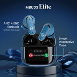 MBuds Elite wireless earbuds with 32dB Active Noise Cancellation, 4-mic ENC, spatial audio control, 4 EQ modes, and smart interactive touch case.