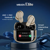 MBuds Elite wireless earbuds with 32dB Active Noise Cancellation, 4-mic ENC, spatial audio control, 4 EQ modes, and smart interactive touch case.