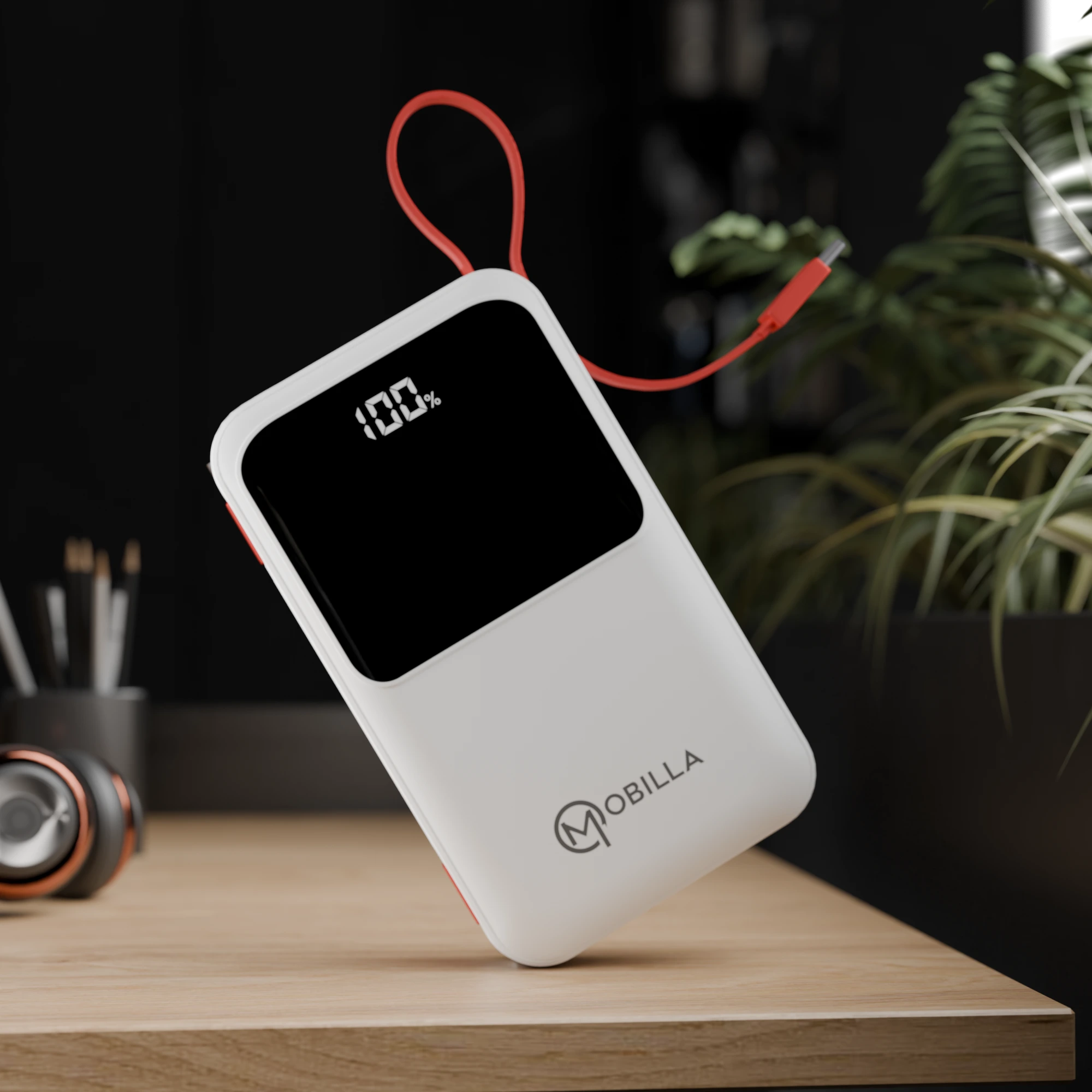 MPower 725 20000mAh power bank with 22.5W fast charging, a built-in Type-C cable, anti-slip texture, and digital battery display.