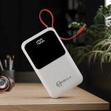 MPower 725 20000mAh power bank with 22.5W fast charging, a built-in Type-C cable, anti-slip texture, and digital battery display.