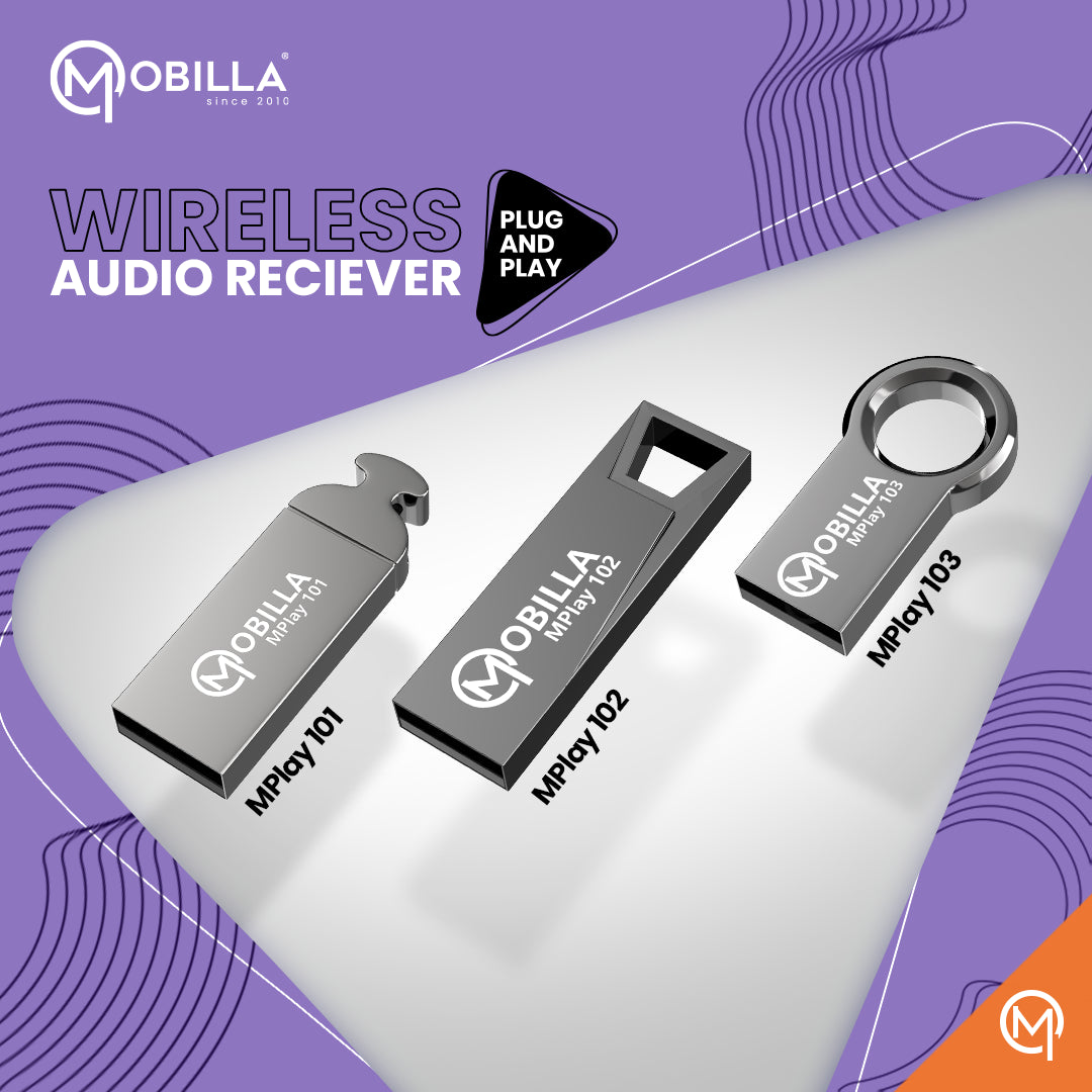 Three MPlay wireless audio receivers - Mobilla MPlay 101, MPlay 102, and MPlay 103