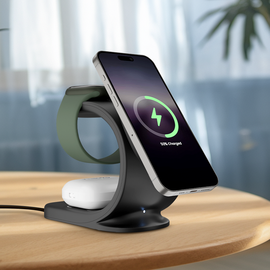 MCharge Maghub - 2: 3-in-1 Magnetic Wireless Charger With 23W Wireless Charging Output Black